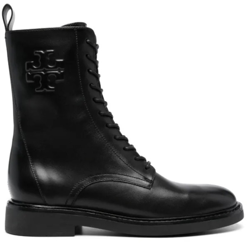 Tory Burch Double T combat Black Leather Lace-Up women’s Boots Size 9.5